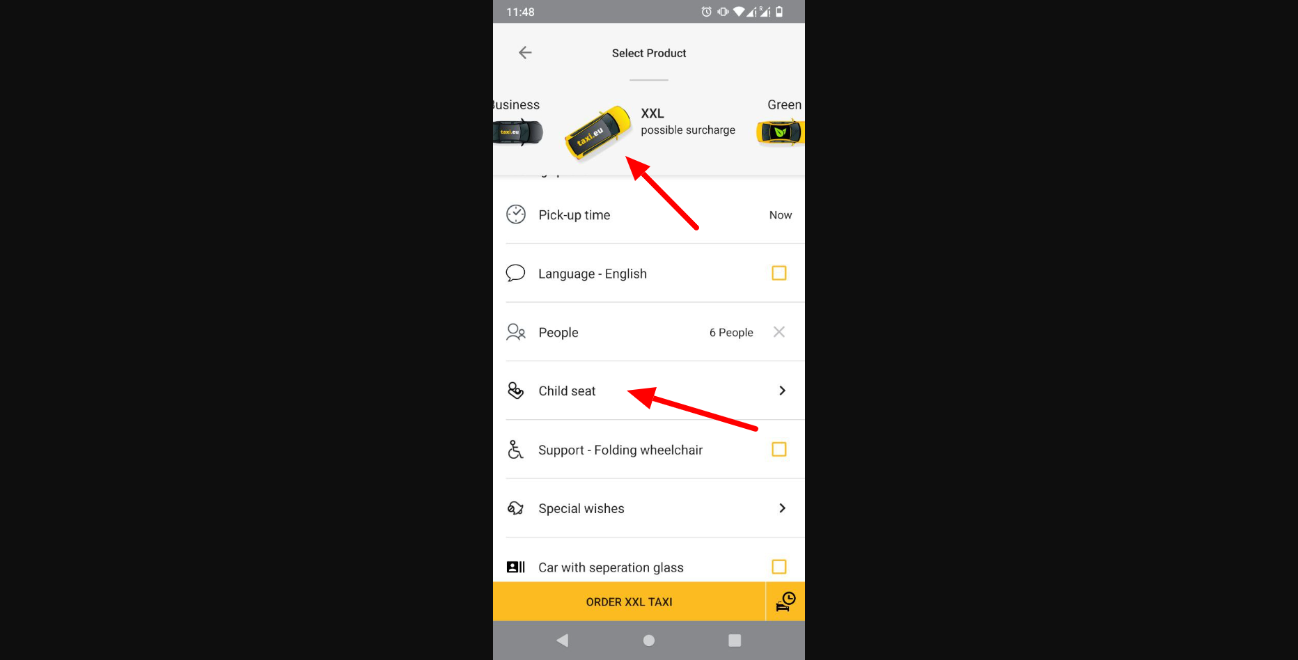 Taxi EU app with child seat option for XXL