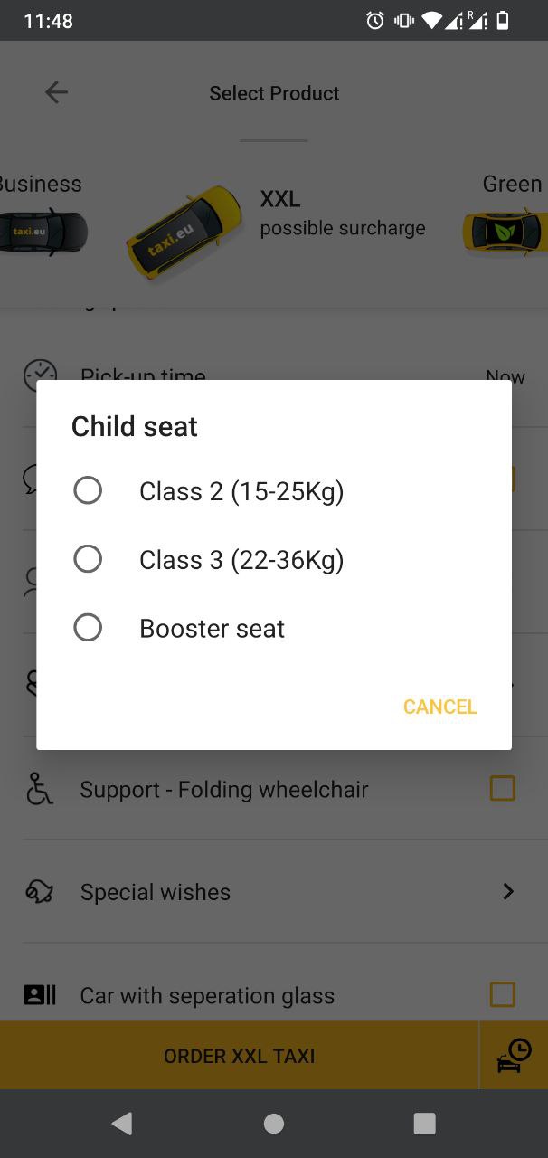 Taxi EU app with child seat option for XXL